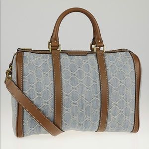 Gucci Vintage Web GG Denim Boston Bag. Denim/Brown